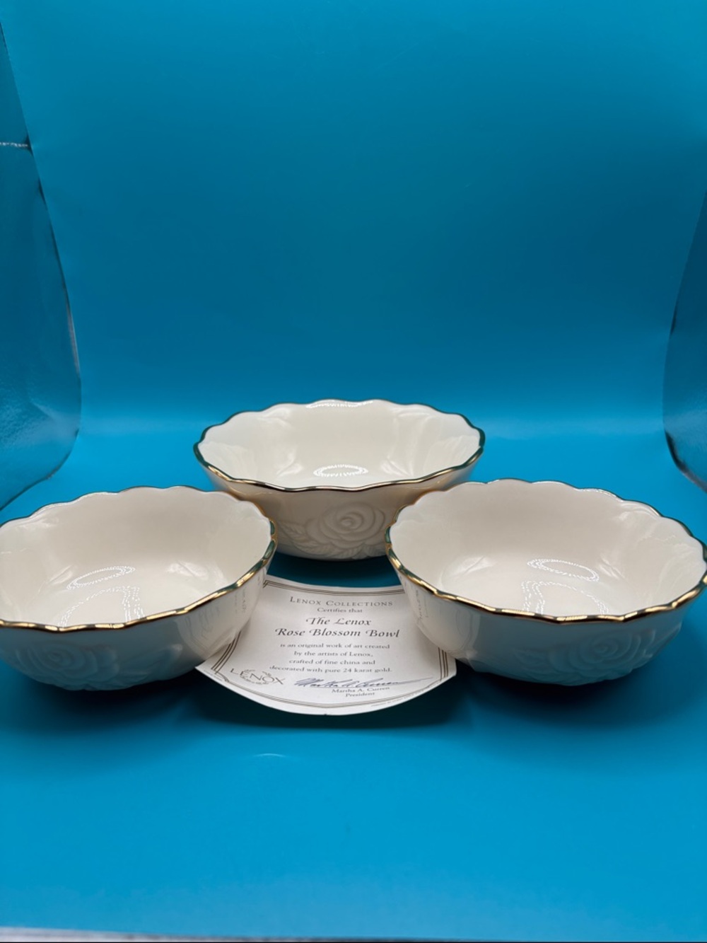 Lenox White Porcelain Bowls with Gold Trim - Rose Blossom Pattern (Set of 3)
